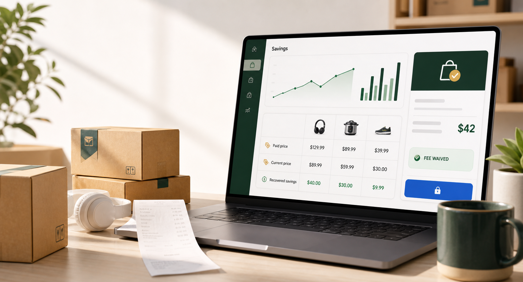 Savings dashboard with retail packages and a waived beta checkout card